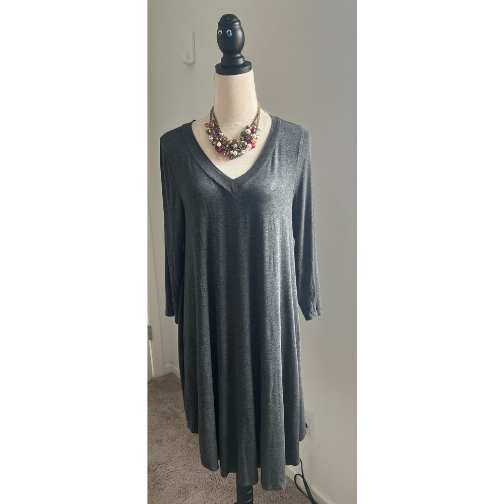 KLD Signature Gray Scoop‎ Neck Long Sleeved MIDI Lightweight Swing Dress Sz L